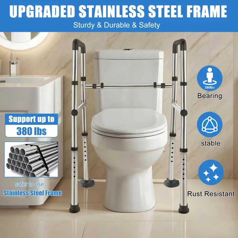 Built Tough Adjustable Toilet Safety Rails For Elders And Heavy Duty Bathroom Grab Bars With Solid Grip Handles And No Sweat Installation Frame For Seniors Plus Reliable Post Op Recovery Support, stainless steel frame supporting 380 lbs.