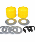 Heavy Duty Front Wheel Hardware Kit For Husqvarna Riding Mowers includes yellow plastic hubs, metal washers, and E clips for repairs.