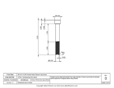3/8-16 x 3 inch UNC socket head titanium cap screw drawing, dimensions detailed for Pack Of Three 3/8 16 By 3 Inch Unc Socket Head Cap Screws Forged From Pure Grade 2 Titanium For Heavy Duty Builds And Saltwater Projects With Rust Busting Durability And Clean Polish.