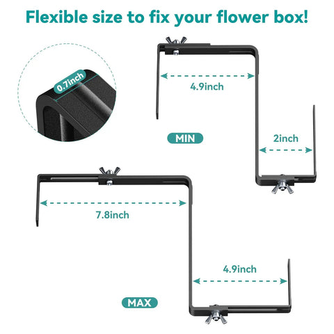 Adjustable Planter Box Brackets With Enhanced Bottom Support for Outdoor Hanging Gardens shown in black with size range.