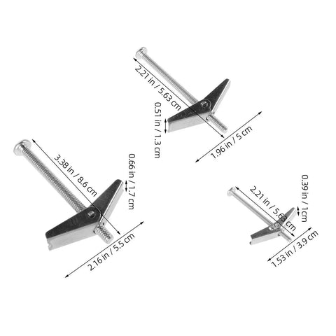 Heavy Duty Drywall Toggle Bolts Kit With Galvanized Screws And Wing Nuts, Rugged Wall Anchors, 1/4 and 3/16 sizes shown with measurements