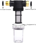 Inline Garden Hose Water Filter For Pressure Washer With Sediment Strainer showing gaskets and 40-mesh filter in clear housing.