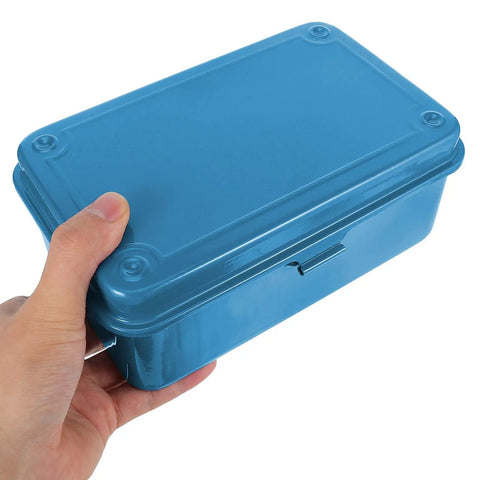 Heavy Duty Vintage Iron Tool Box For Home Garage Workshop, Built Tough Metal Storage Case held by hand in blue.