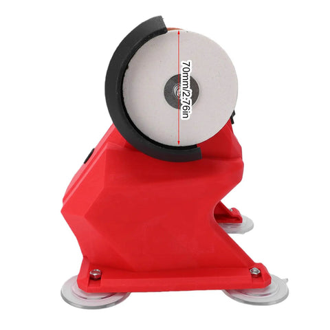 Hassle Free Cordless Mini Bench Grinder Spinning At 5500 Rpm For Lightning Fast Metal Polishing showing 70mm abrasive disc and red casing.
