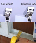 Comparison of flat and concave zinc alloy rollers for sliding doors, with measuring tape for size reference, showcasing Rock Solid Zinc Alloy Replacement Rollers For Sliding Doors And Windows Super Smooth Glide Track System Quick Mount Hardware No Sweat Double Wheel Balance Adjustment Cabinet Sliding Glass Door Gear Kit.