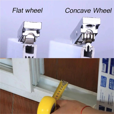 Comparison of flat and concave zinc alloy rollers for sliding doors, with measuring tape for size reference, showcasing Rock Solid Zinc Alloy Replacement Rollers For Sliding Doors And Windows Super Smooth Glide Track System Quick Mount Hardware No Sweat Double Wheel Balance Adjustment Cabinet Sliding Glass Door Gear Kit.