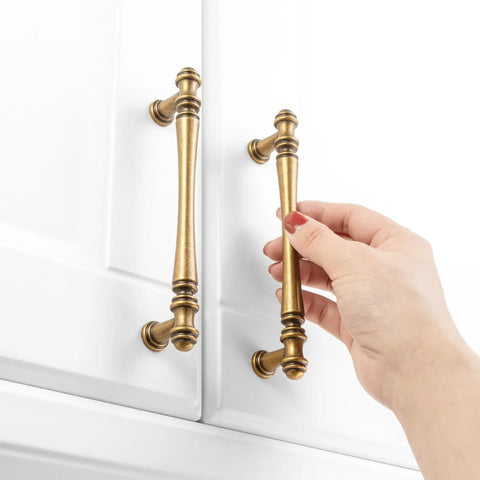 Slick Antique Brass Cabinet Pulls 10 Pack, 5 Inch Top Tier Solid Metal Drawer Handles For Kitchen Cabinets And Bathrooms in use.