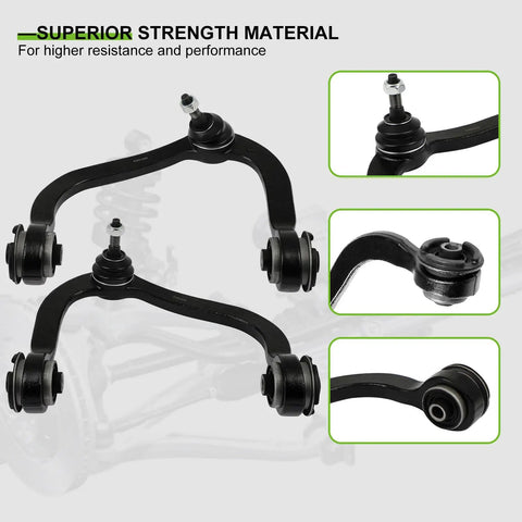 Complete Eight Piece Front Suspension Overhaul Kit For Two Wheel Drive Ford F 150 features heavy duty upper control arms with durable material.