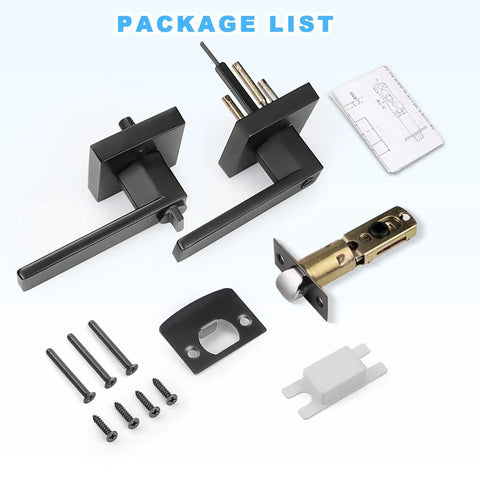 10 Pack Matte Black Interior Door Handles Providing Heavy Duty Privacy Levers For Bedroom And Bathroom, Rock Solid Zinc Alloy Build, Smooth Matte Coating, No Sweat Installation Process package list with two door handles, locks, screws, and installation guide.