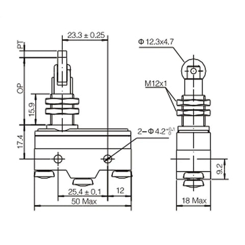 Rock Solid Spdt No Nc Roller Plunger Micro Limit Switch With Panel Mount Screw Terminals dimensions drawing for industrial use.