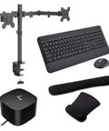 Sick Desk Setup Bundle With Thunderbolt G4 Dock 280W, 4K Combo Cable DisplayPort Hub, Dual Monitor Stand, Wireless Keyboard And Mouse Set, Plus Comfort Gel Pads including a dual monitor arm and wireless accessories.