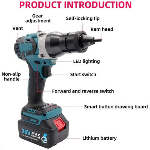 Heavy Duty Cordless Rivet Gun Kit With 5200mAh Battery, showing non-slip handle and LED lighting features.