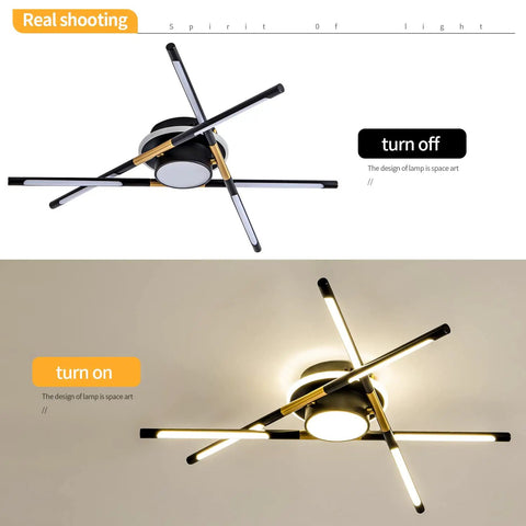 Industrial Sputnik Ceiling Light Fixture In Black And Gold Finish With Plug In Design And Adjustable LED Tubes, lights off and on