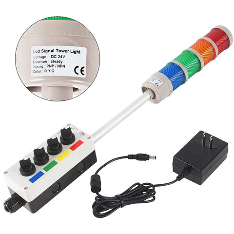 Top Notch Four Stack Led Andon Tower Light With Built In Buzzer For Industrial Workstations showing 4 color stack, control panel, and power adapter.