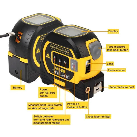 Built Tough 3 In 1 Laser Tape Measure With 130 Foot Range And 16 Foot Digital Ruler showing display, buttons, and laser emitters for measurements.
