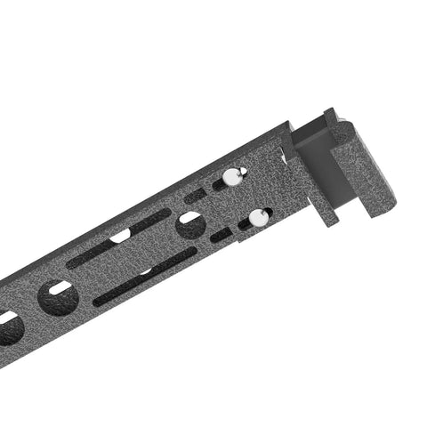 Heavy Duty 300 Pound Universal Roof Rack Cross Bars built hella tough showing a close-up of the matte black adjustable mount.