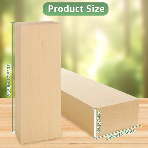 Unfinished Basswood Carving Blocks Set, Two 12x4x2 Inch Blank Wood Blocks for Whittling and Woodcarving shown on wooden surface