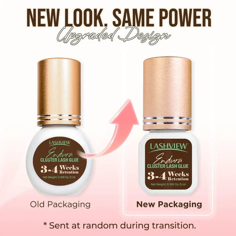 Lashview Lash Cluster Glue bottle transition from old to new packaging design with 3-4 weeks retention label.