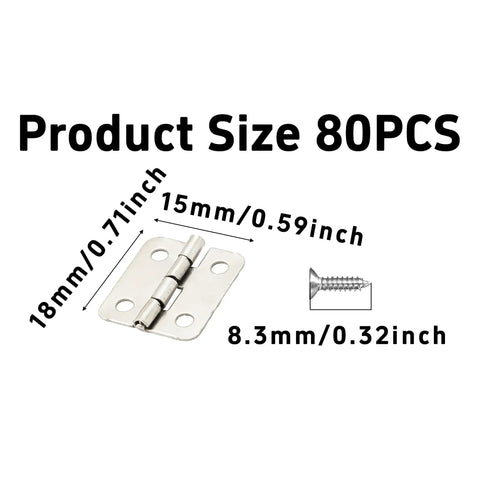 80 Pack Mini Hinges With 320 Screws, Small Iron Folding Butt Hardware For Wood Boxes, Hella Durable 18 X 15 mm Crafts Accessory, showing size details.