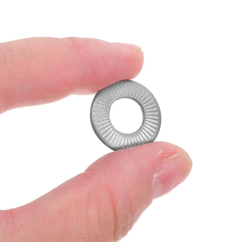 M6 Conical Knurled Spring Lock Washers 304 Stainless Steel 40 Pack held in hand showing anti-rotation grip design.