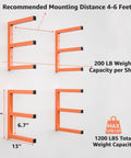 Beefy Heavy Duty Wood Organizer And Lumber Storage Wall Mount Rack With Six Levels Holds Up To 1200 Lbs Indoors Or Outdoors In Bright Orange, diagram showing dimensions and weight capacity.