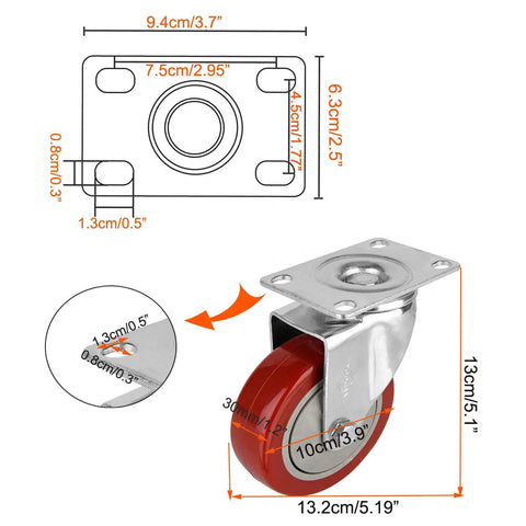 4 Inch Heavy Duty Swivel Caster Wheels Delivering Hella Smooth Motion And 360 Degree Rotation With Badass Load Handling Total 1200 Lbs Lift Capacity Set Of Four showing dimensions and design.