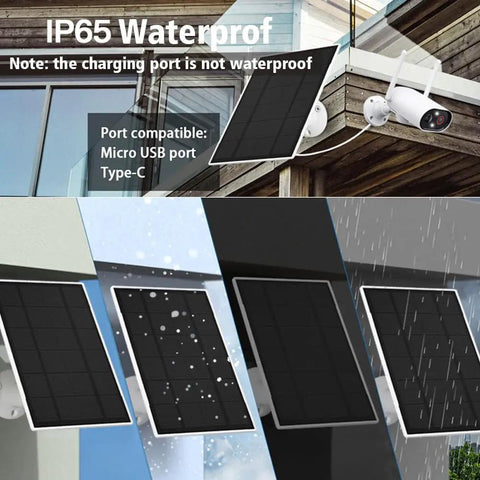 Rock Solid 6W Solar Panel Charger with Micro USB and USB C Interfaces IP66 Waterproof Rating mounted on wall, showcasing versatility.