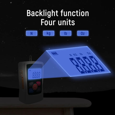 Pro Grade Digital Force Gauge Push And Pull Tester With 100N Range showing backlight function and four measurement units.