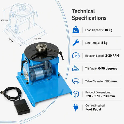 Boss Level Rotary Welding Positioner With Variable Speed Foot Switch And Zero To Ninety Degree Tilt Table For Smooth Pipe Fabrication Work 10Kg Capacity technical specs and features displayed.