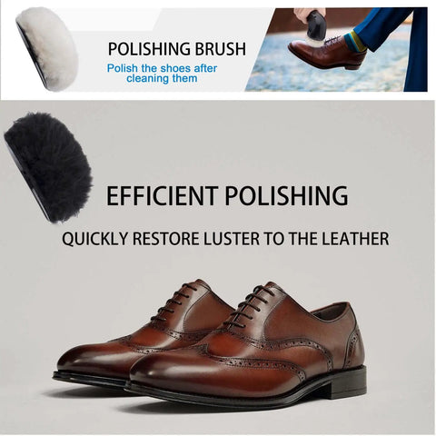 Portable Electric Shoe Cleaner And Polisher Brush Kit For Sneaker Upkeep With Dual Brush Heads Usb Powered Cordless Leather Shine Tool For Easy Fresh Kicks Maintenance, featuring polished brown leather shoes and dual polishing brush heads.