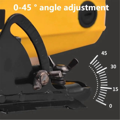 Badass Heavy-Duty Electric Circular Saw angle adjustment feature showing 0-45 degrees for precise cuts in wood and plastic.