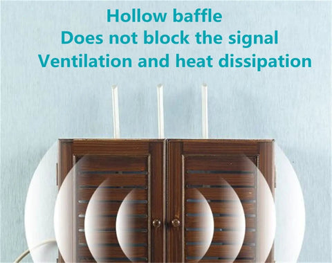 Hollow baffle design of wall mounted cable organizer box with wooden frame for routers, power strips, and set top boxes shown.