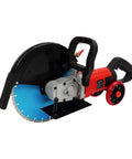 Heavy Duty Electric Concrete Cutter With 13 Inch Diamond Blade And Rolling Stand 4000W Masonry Groover next to a blue blade.