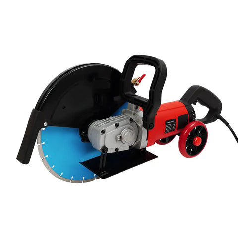 Heavy Duty Electric Concrete Cutter With 13 Inch Diamond Blade And Rolling Stand 4000W Masonry Groover next to a blue blade.