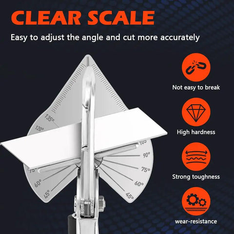 Kickass Heavy Duty Miter Shears Multi Angle Cutter showing clear scale for angle adjustment, measuring up to 135 degrees.