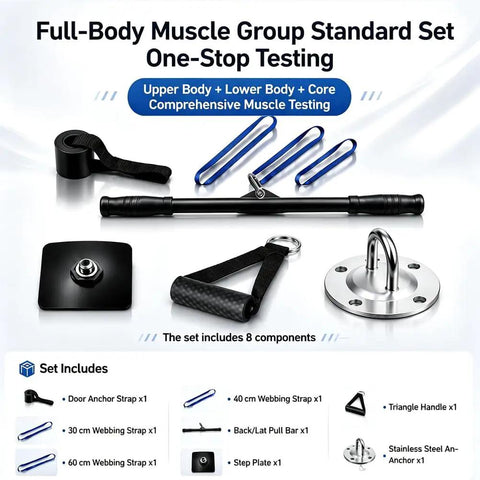 Full-Body Muscle Group Standard Set includes straps, webbing, and pull bars for comprehensive muscle testing.