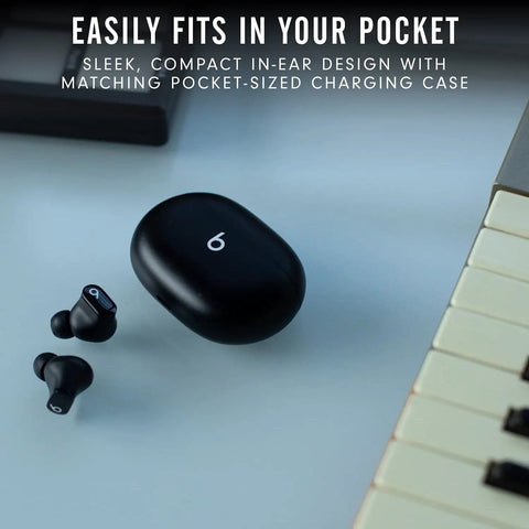 Studio Buds True Wireless Earbuds With Active Noise Canceling And Transparency Mode in black with charging case on desk.