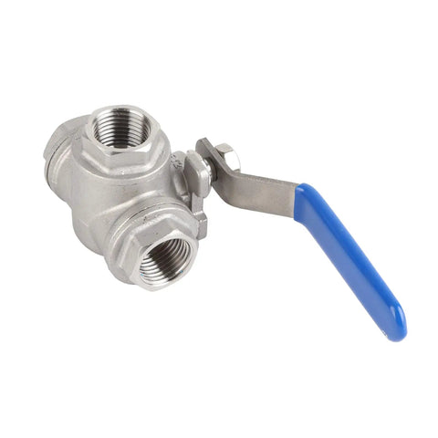 Kickass Heavy Duty One Half Inch 304 Stainless Steel Three Way Ball Valve T Port with blue handle for plumbing applications.