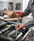 Two mechanics using T-Handle Spark Plug Socket Wrench With Swivel Head And Extended 16Mm 21Mm Sockets 3 Piece Set for engine repairs.
