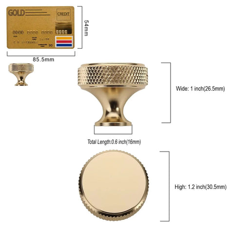 10 Pack Gold Knurled Cabinet Knobs For Drawers, Dressers, Cupboards And Wardrobes, Model ZH0036 with size details