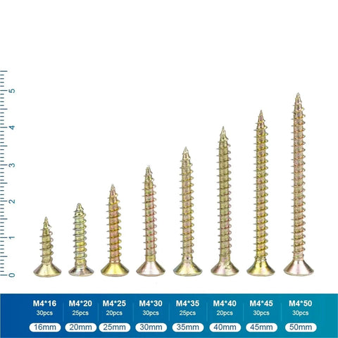 Flat Head Self Tapping Wood Screws Kit Zinc Plated M3.5 M4 251 Pieces in various sizes with dual end locking design