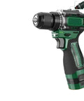 Straight Up Knockout Performance From This 16V Cordless Brushless Power Drill with a metal ratchet chuck, showing side view.