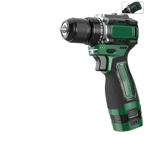 Straight Up Knockout Performance From This 16V Cordless Brushless Power Drill with a metal ratchet chuck, showing side view.