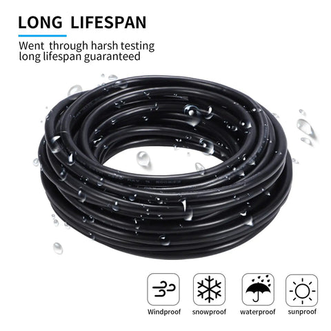 Coiled 10 AWG Two Conductor Electrical Wire Stranded Oxygen Free Copper With PVC Jacket For Outdoor Lighting Automotive Battery And Solar Panel 65.6 Feet Long Heavy Duty Cable Built To Last with water droplets indicating weather resistance.