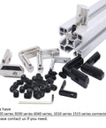 Complete Black 2020 Aluminum Extrusion Corner Brackets Full M5 Fastener Kit T Nuts Screws And Heavy Duty Wrench For V Slot Rig Frames and assorted connectors.