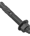 Close-up of a galvanized carbon steel wedge anchor from the ten piece set of one quarter inch by three inch standard fasteners for heavy duty black wedge anchors for cement and concrete with galvanized carbon steel construction for rust resistant masonry and concrete installations.
