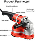 Heavy Duty 2800W Corded Angle Grinder With Six Speed Settings And Detachable Head showcasing controls, aluminum alloy head, and diamond disc.