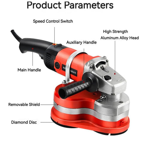 Heavy Duty 2800W Corded Angle Grinder With Six Speed Settings And Detachable Head showcasing controls, aluminum alloy head, and diamond disc.