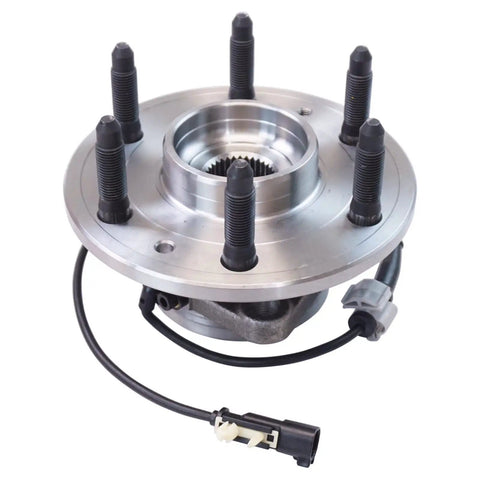 Premium Wheel Bearing And Hub Assembly Pair For Quick Garage Swaps featuring silver steel hub with five bolts and wiring.