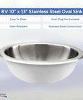 Stainless Steel RV Oval Sink With Single Bowl 10x13 Inch, 1.5 Inch Drain, No Faucet Included, shown on white backdrop